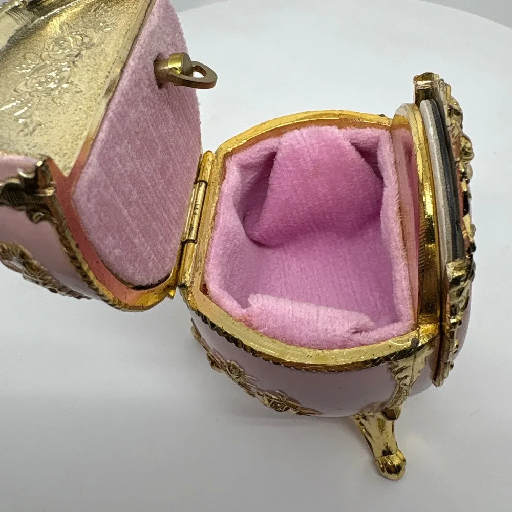 Ornate Pink Egg Picture Frame Trinket Box Goldtone Ornate Rococo Music Box Japan